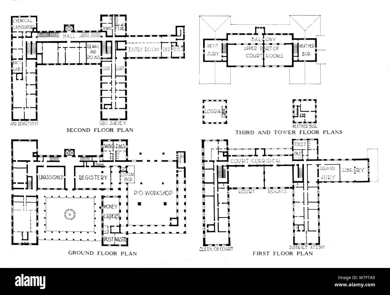 Floor plans, Federal Building, Honolulu, Hawaii, 1924. Artist: Unknown. Stock Photo