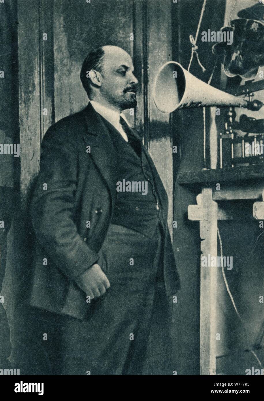'Russian Bolshevik leader Vladimir Lenin at a radio recording in the Kremlin, Moscow, Russia', 1919. Artist: Unknown. Stock Photo