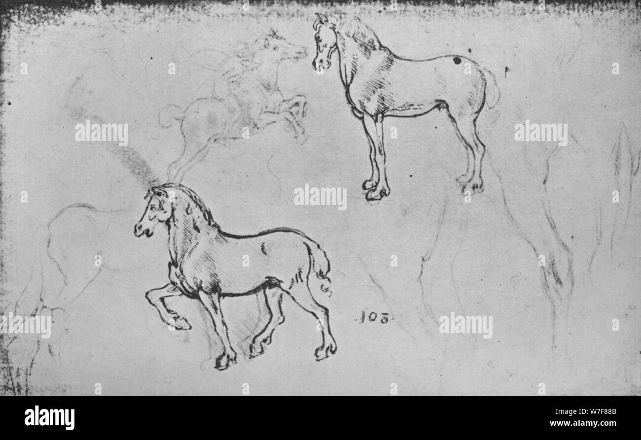 'Two Studies of Horses, One of a Galloping Horseman and Others of Horses' Legs', c1480 (1945). Artist: Leonardo da Vinci. Stock Photo