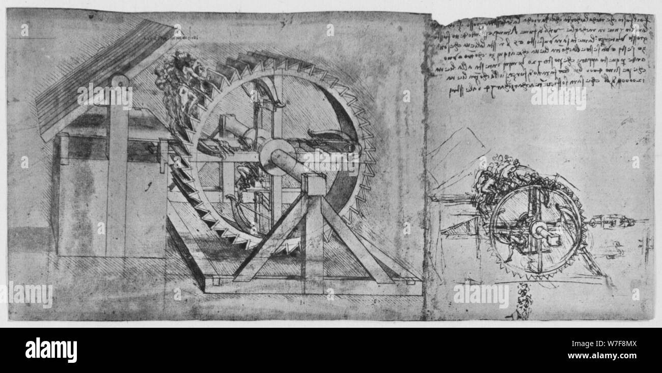 'A Large Wheel Which Is Resolved and Fires Four Crossbows in Succession', c1480, (1945). Artist: Leonardo da Vinci. Stock Photo