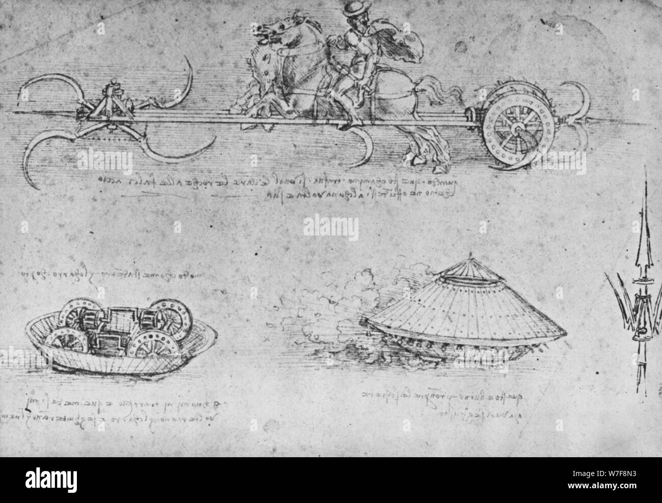 'A Chariot Armed with Scythes, Two Drawings of a Sort of Tank and a Partisan', c1480 (1945). Artist: Leonardo da Vinci. Stock Photo