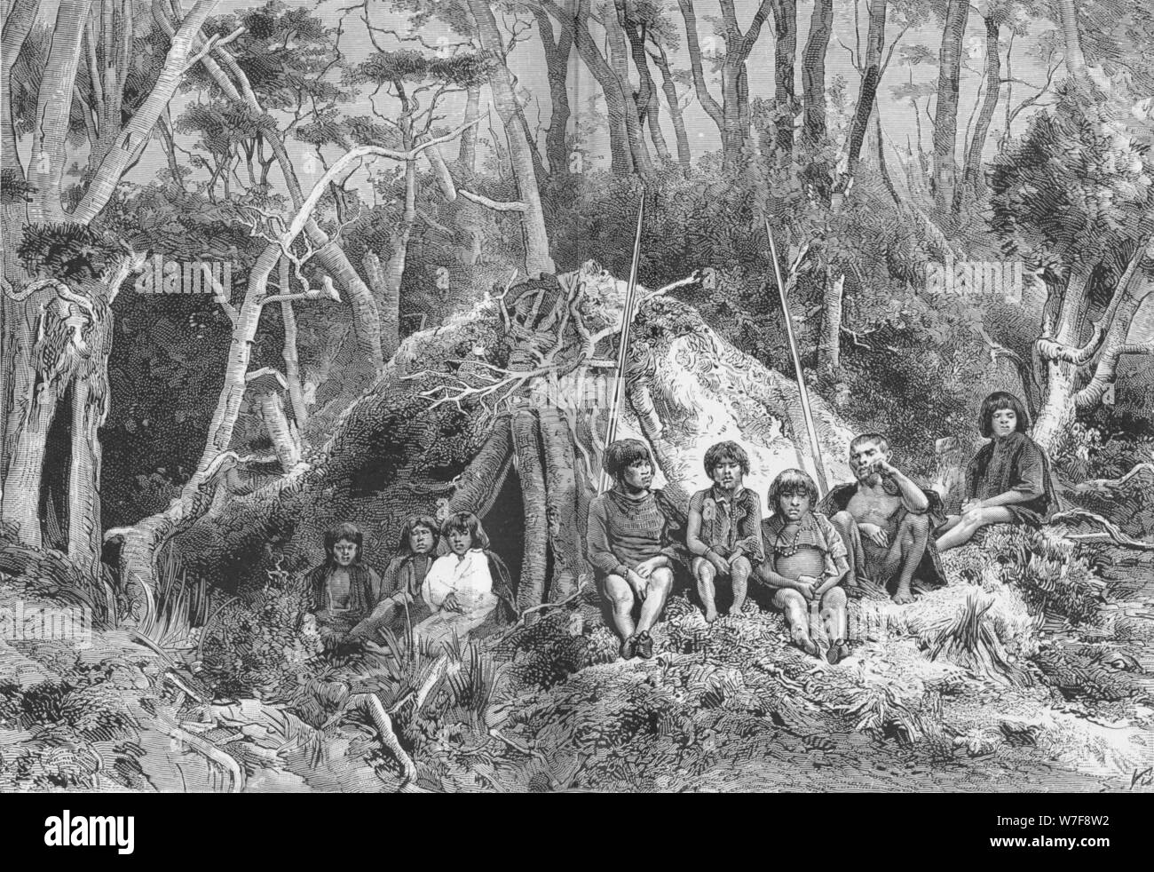 'Fuegians and their Wigwams',  c1885, (1890). Artist: Robert Taylor Pritchett. Stock Photo