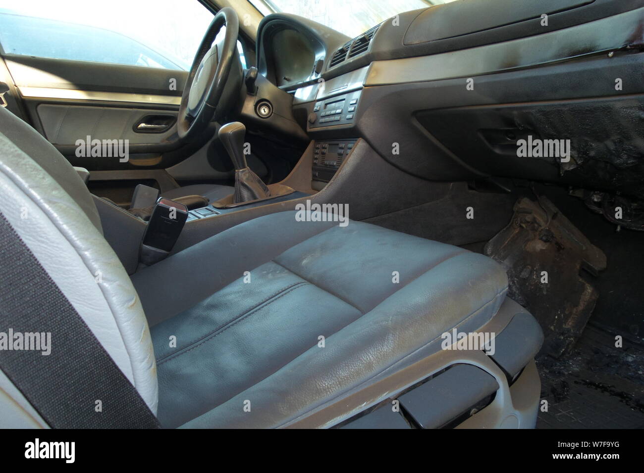 burnt cars inside the cabin. windshield in smoke Stock Photo Alamy