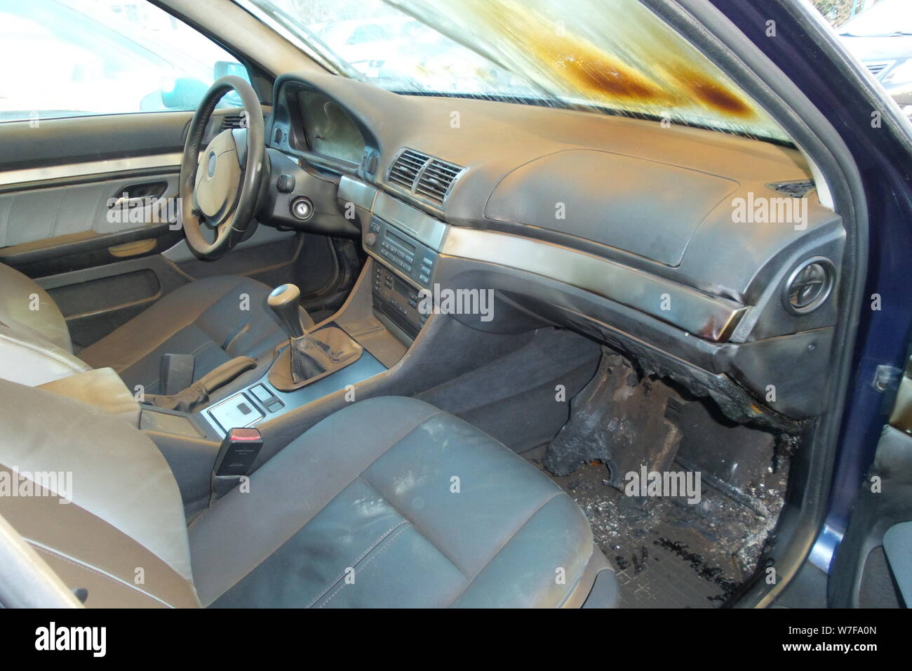 burnt cars inside the cabin. windshield in smoke Stock Photo Alamy