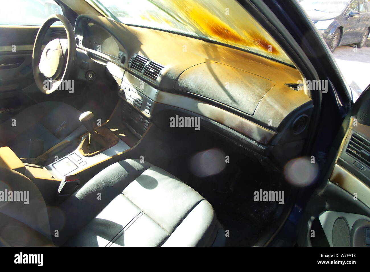 burnt cars inside the cabin. windshield in smoke Stock Photo Alamy