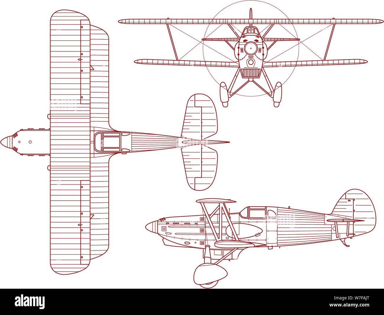 Schematic engineering blueprint of a Avia B-534 biplane as seen from the side the top and the front. This bi-plane was produced and made by Avia in Cz Stock Photo