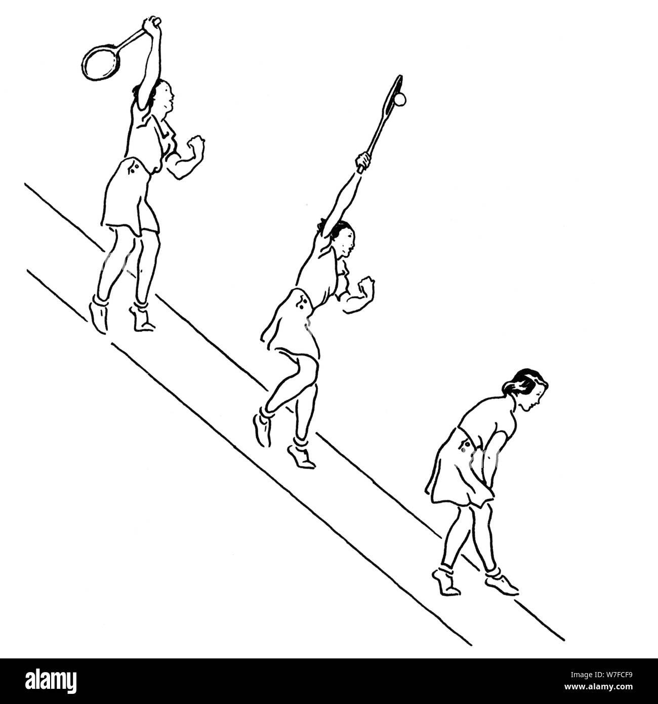 overhead reach illustrations from Lawn Tennis. May I Introduce you? How to play tennis book by Evelyn Dewhurst with sketches by Aubrey Weber. Publishe Stock Photo