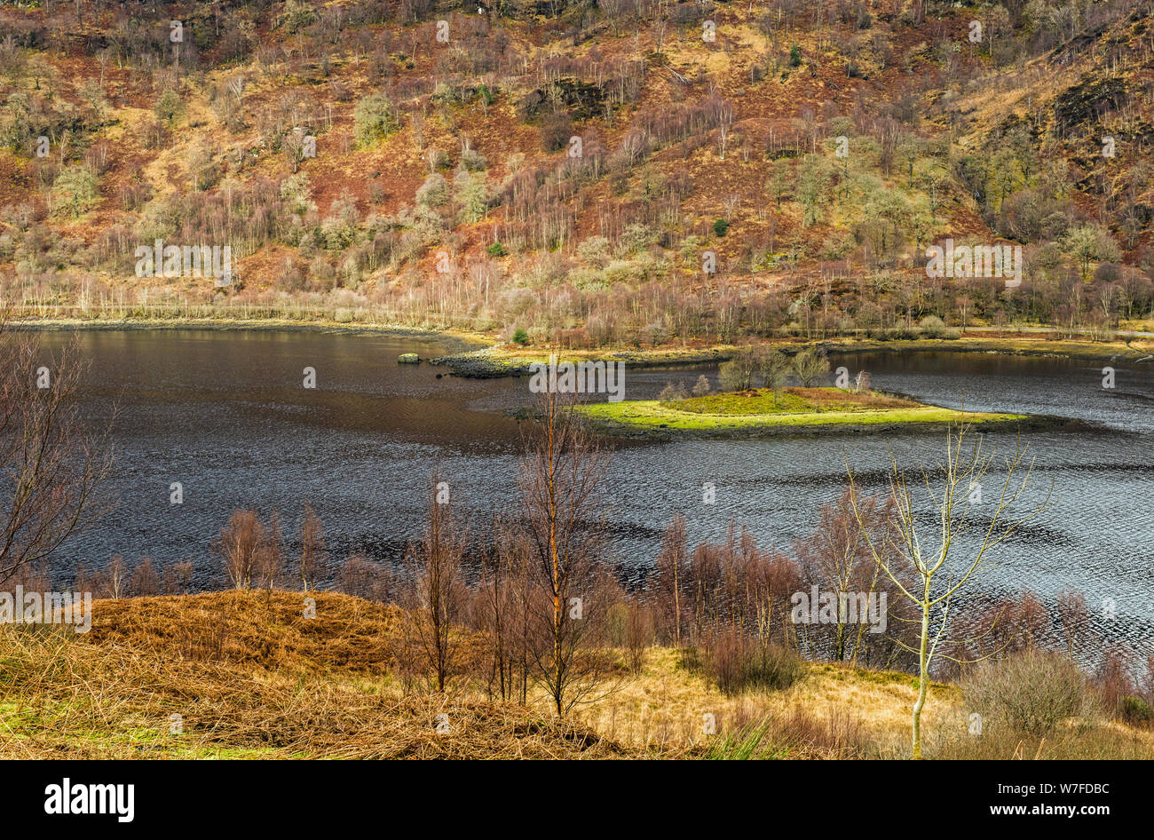 Looking down onto Loch Leven's upper reaches on a February morning in North West Scotland,. Loch Leven is a sea loch and runs into Loch Lhinnie. Stock Photo