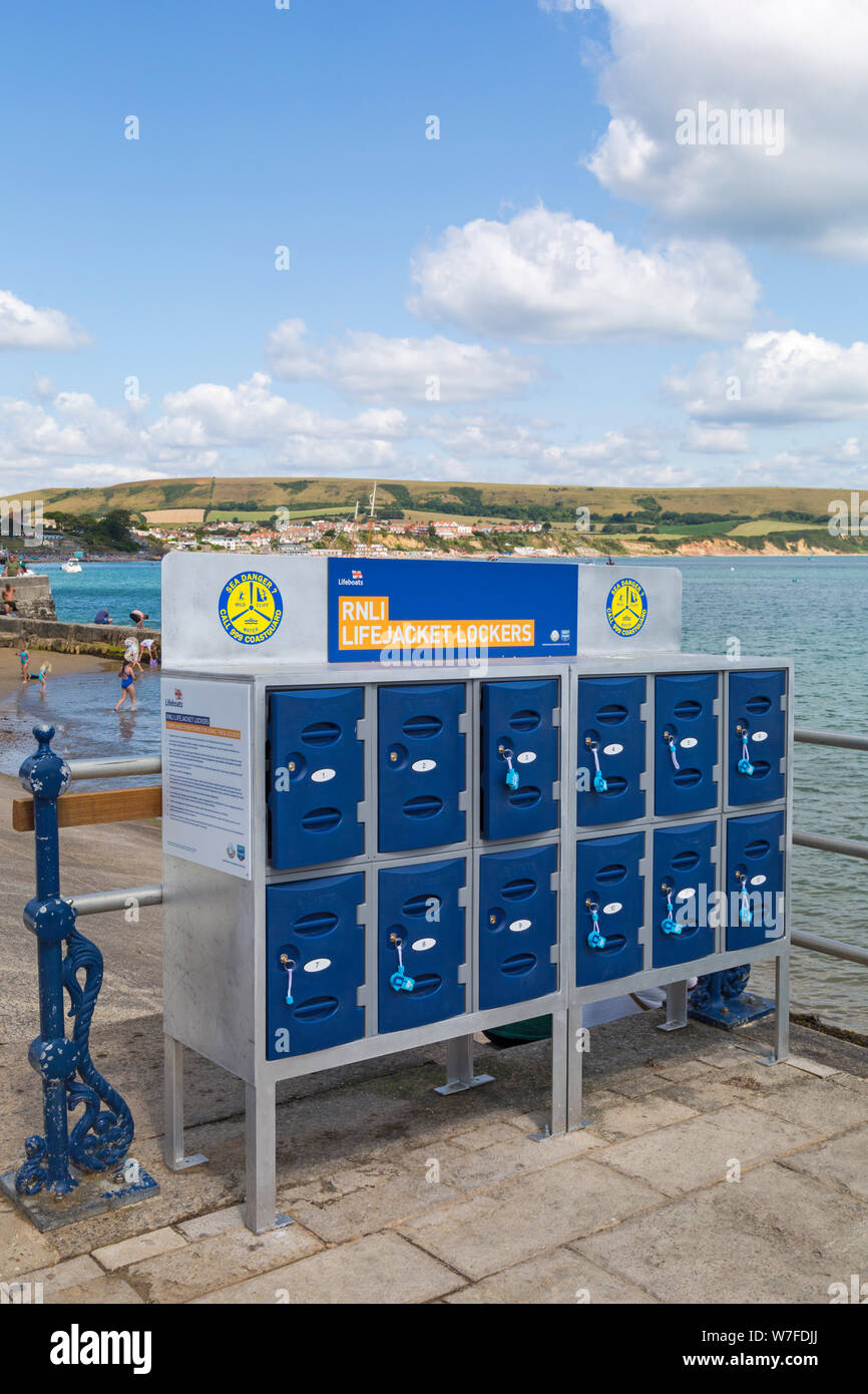 RNLI Life Jacket, Lifejacket, Lockers at Swanage, Dorset UK in July