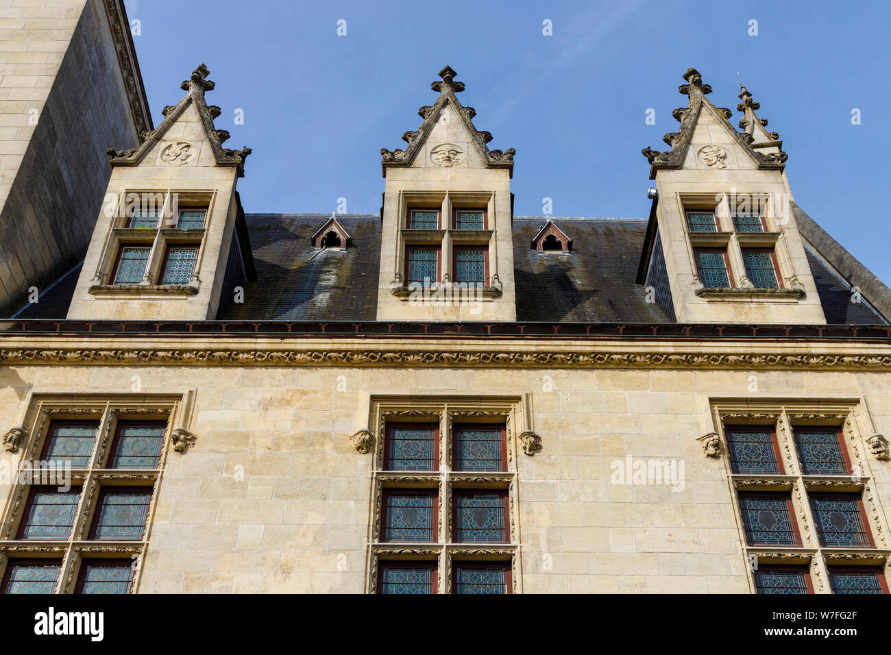 Detail of the 1914 Neo-Gothic Libourne Town Hall, near Bordeaux, in the Gironde department, France. Dorma styled window. Stock Photo