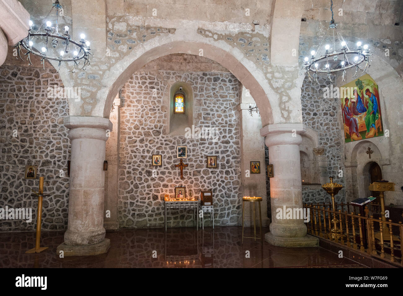 Nic, Qabala region, Azerbaijan - April 28, 2019. Interior view of Chotari church in Nic village of Qabala region in Azerbaijan. View with columns, lam Stock Photo