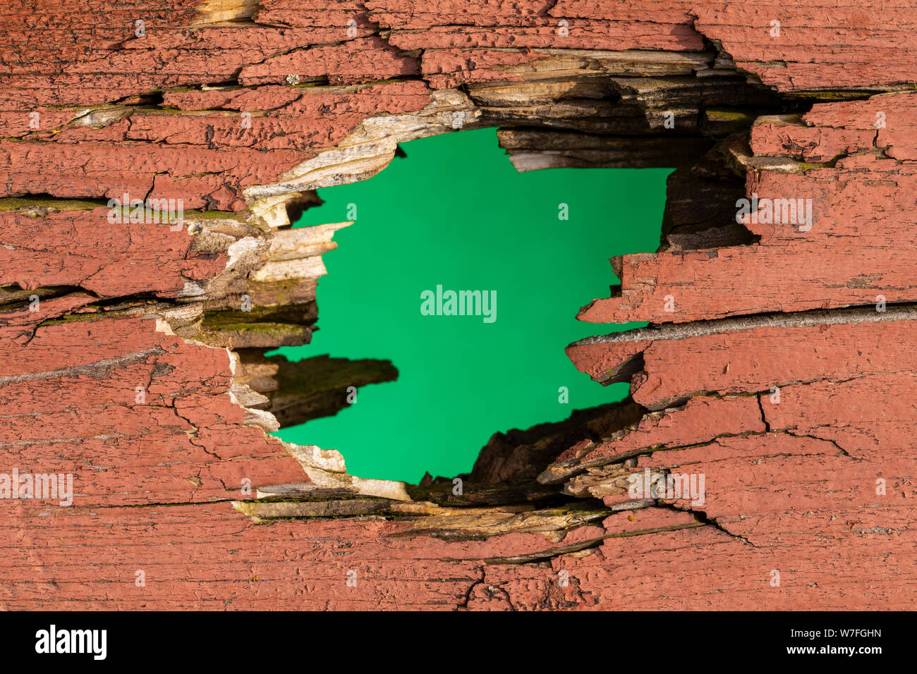 Hole In Board with Green Background Stock Photo