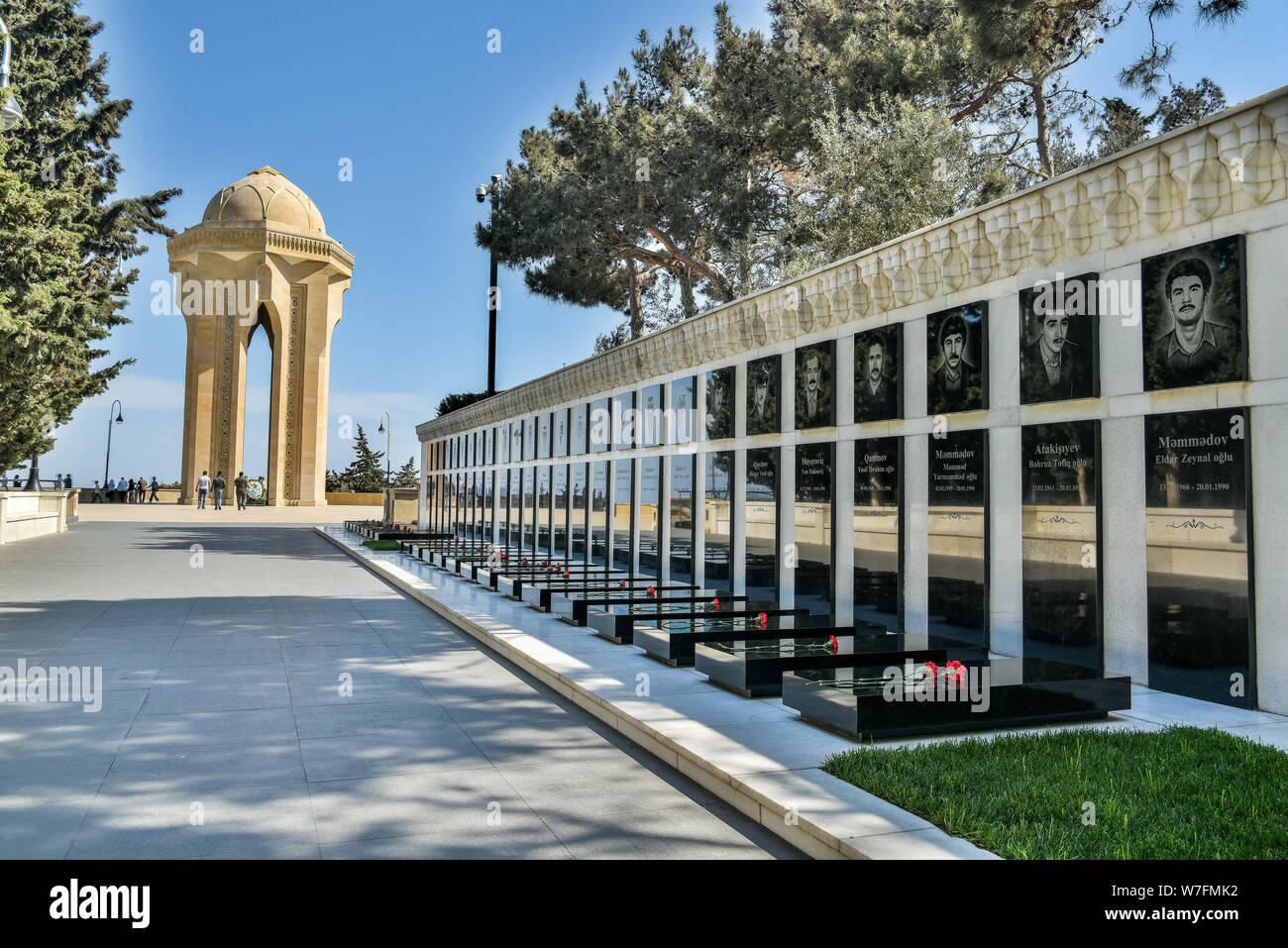 Baku, Azerbaijan - May 2, 2019. View of the Alley of Martyrs, towards the Eternal Flame Memorial, in Baku. View with graves and people. The Alley of M Stock Photo