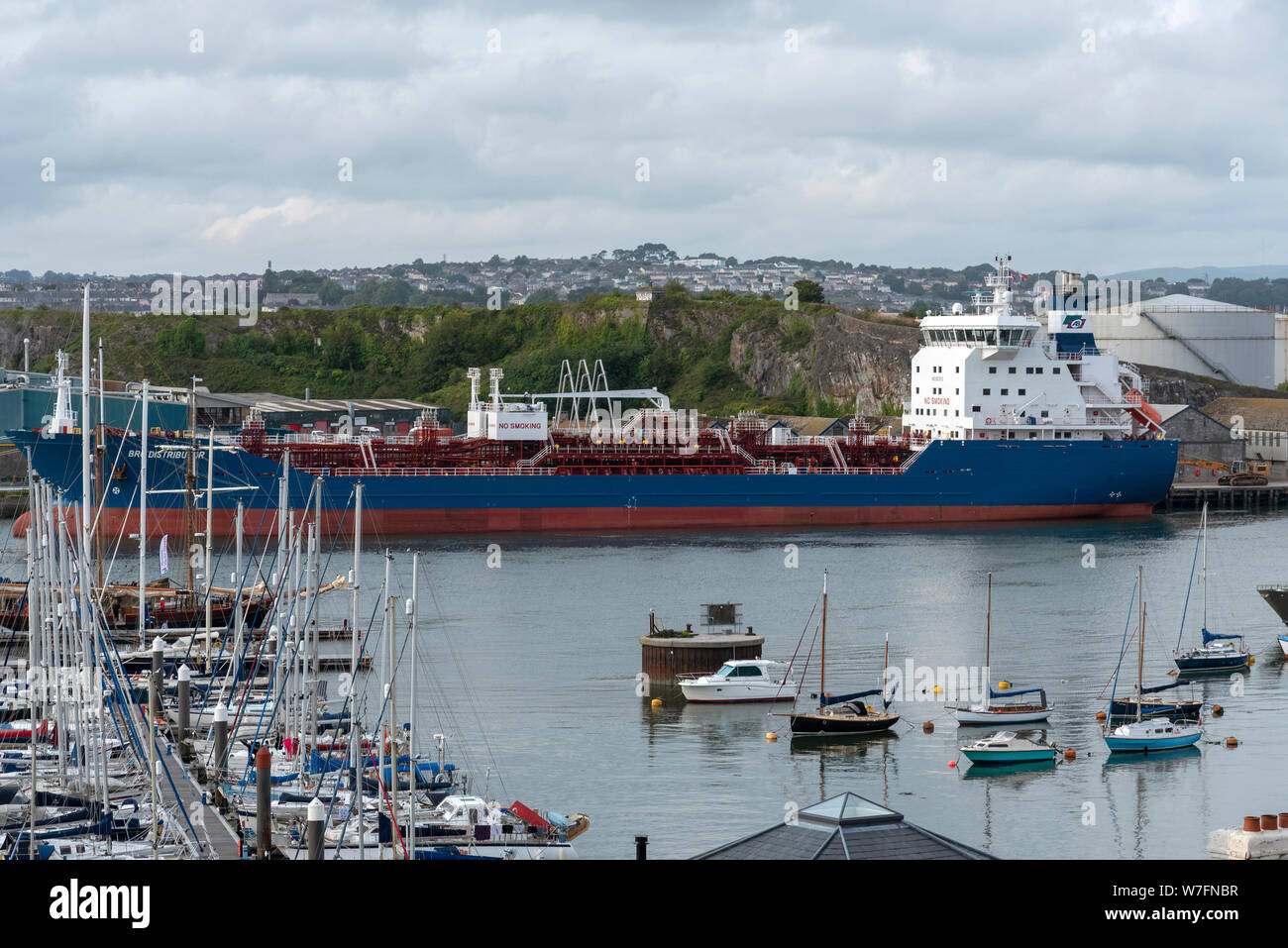 Plymouth, Devon, England, UK. August 2019. The Bro Distributor a chemical/oil tanker on a fuel distribution facilty in Plymouth, UK Stock Photo