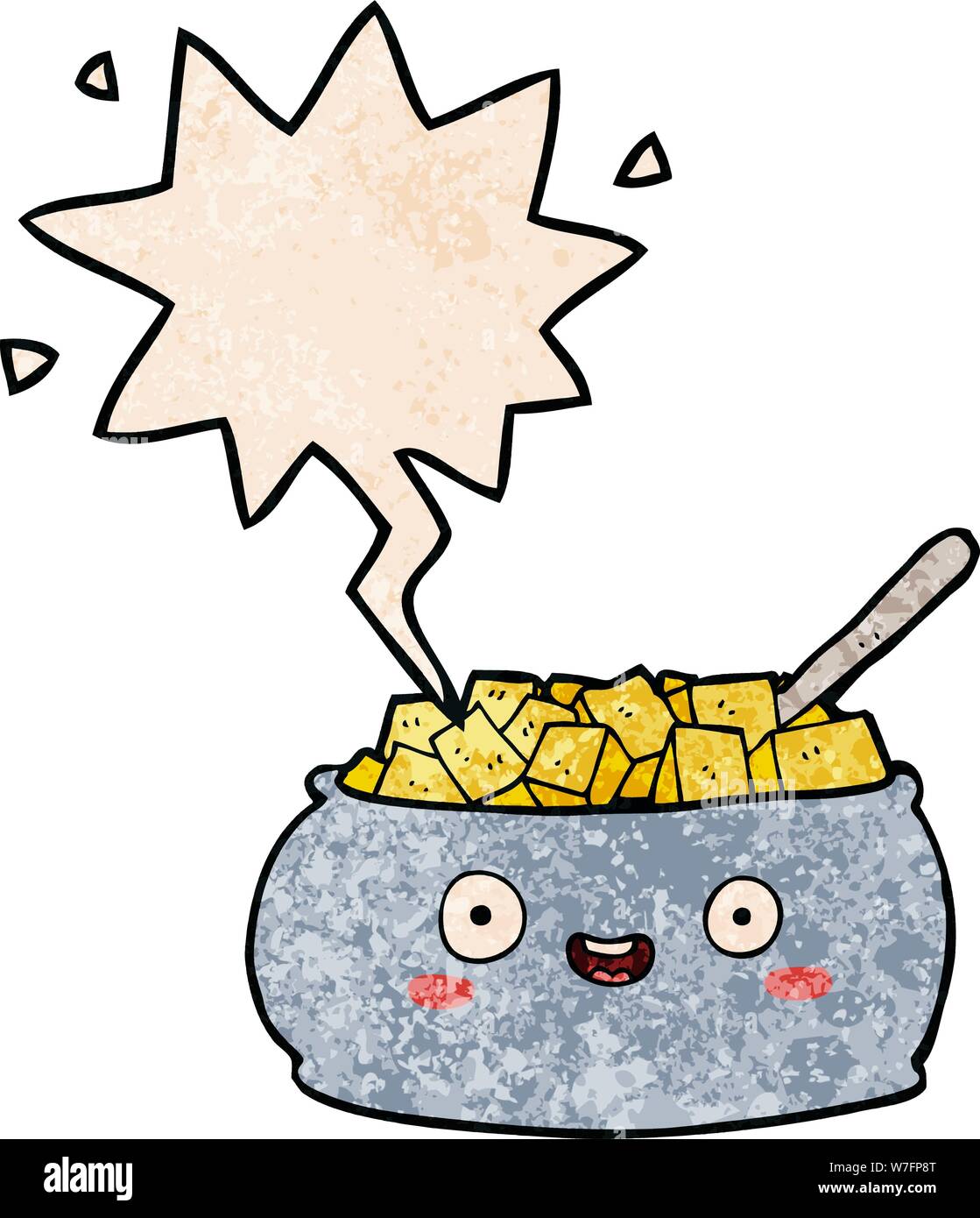 cute cartoon bowl of sugar with speech bubble in retro texture style ...