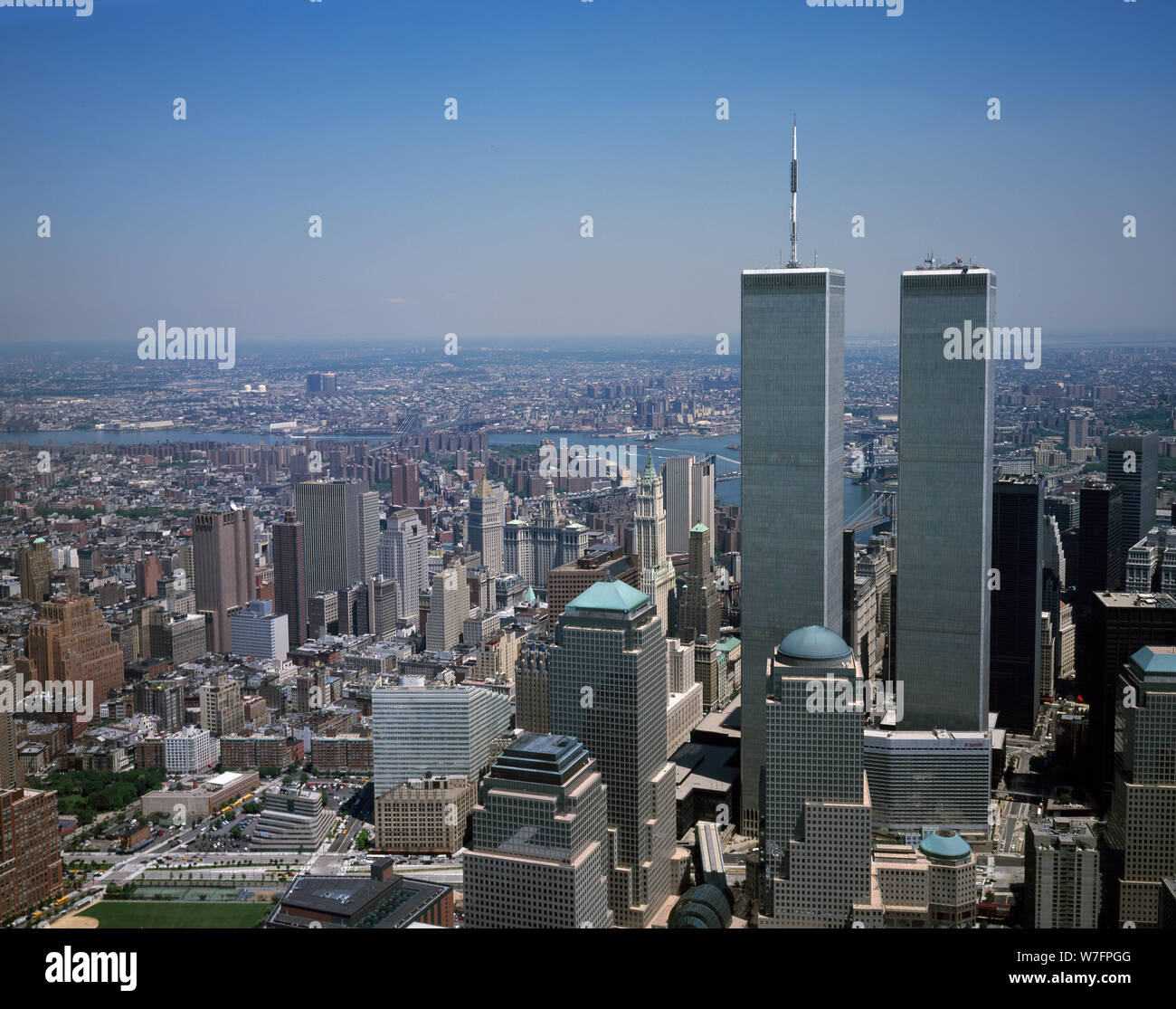 Aerial view of New York City, with a focus on the Twin Towers of the World Trade Center Stock Photo