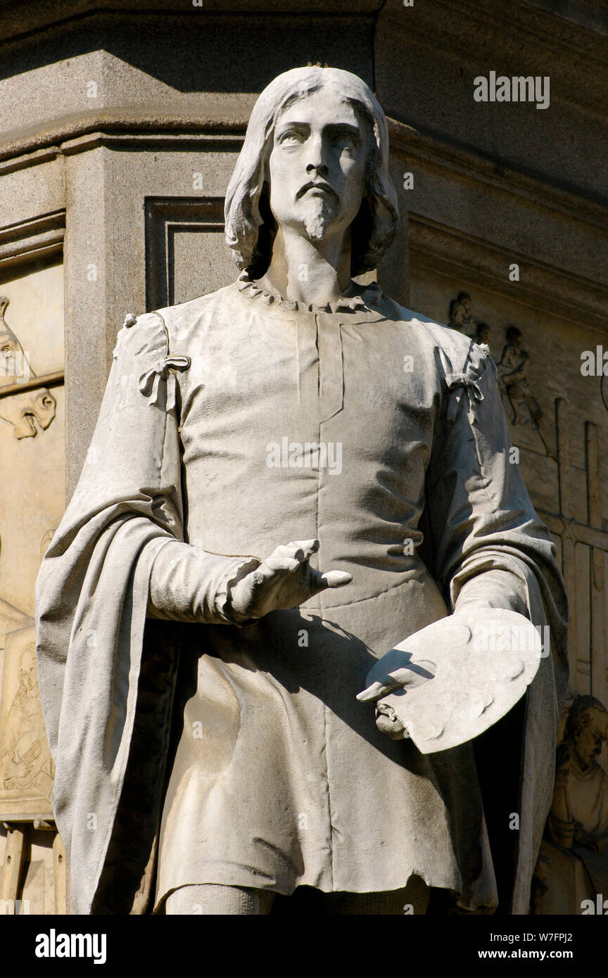 Giovanni Antonio Boltraffio (1466 or 1467-1516). Sculptural detail of the monument to Leonardo da Vinci, by Pietro Magni, 1872. Milan, Italy. Stock Photo