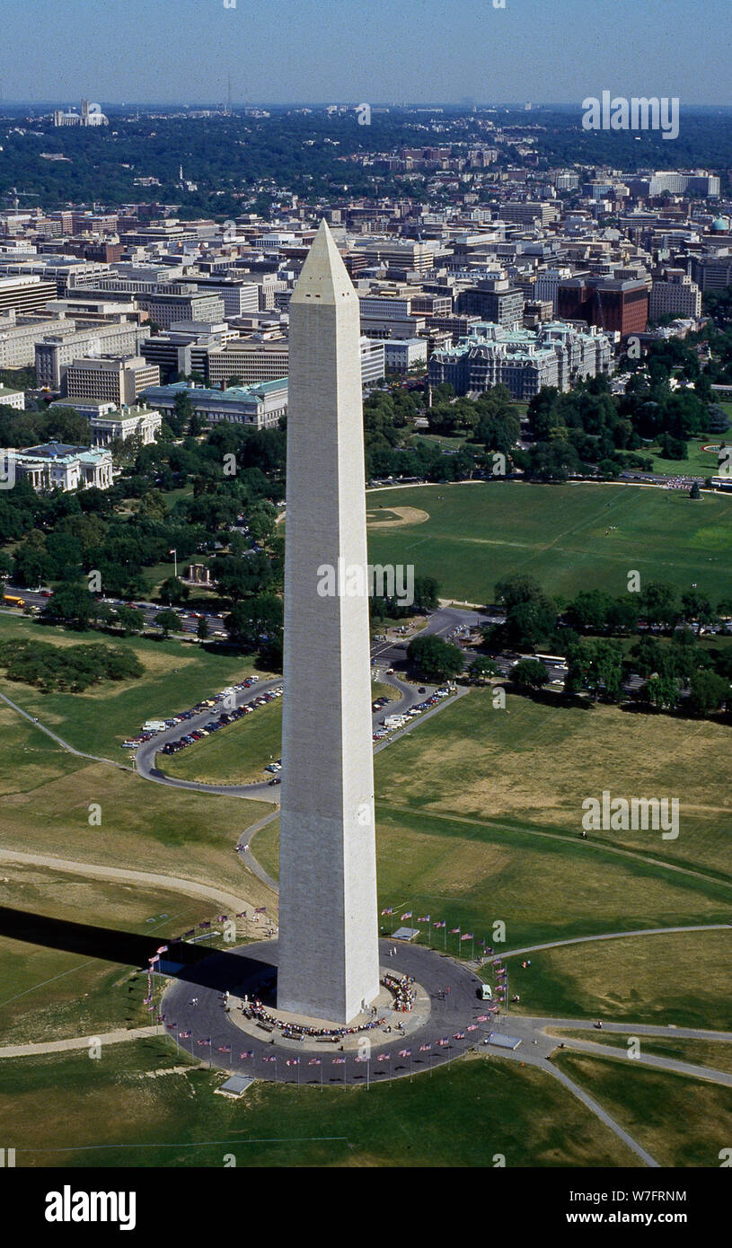 Aerial view of Washington Monument with White house in background at
