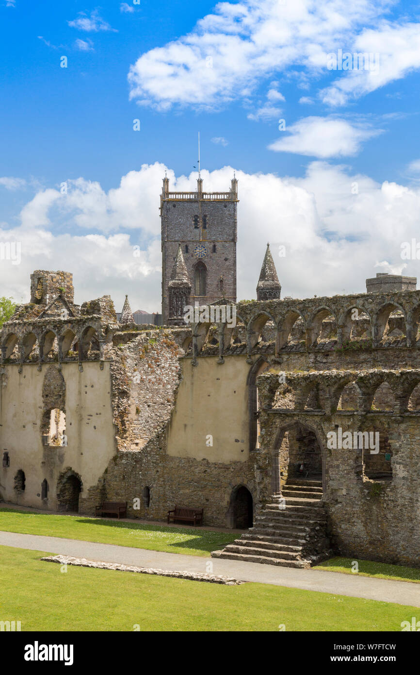 The Cathedral viewed across the huge courtyard in the13th century Bishop's Palace, St Davids, Pembrokeshire, Wales, UK Stock Photo