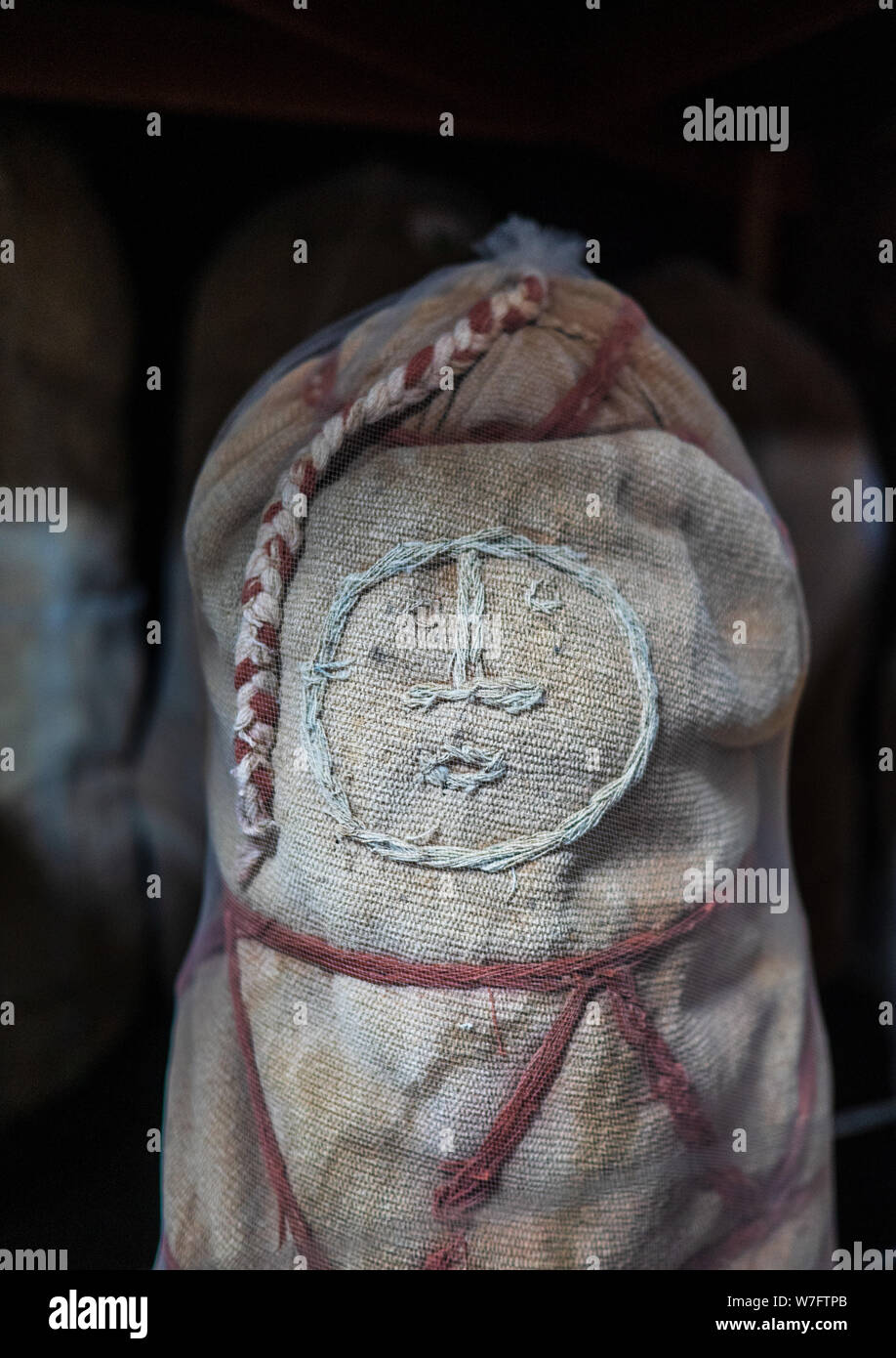 The famous mummies that have been found at tombs near Laguna de los Condores (Lake of the Condors) and can now be seen at Leymebamba museum. Stock Photo