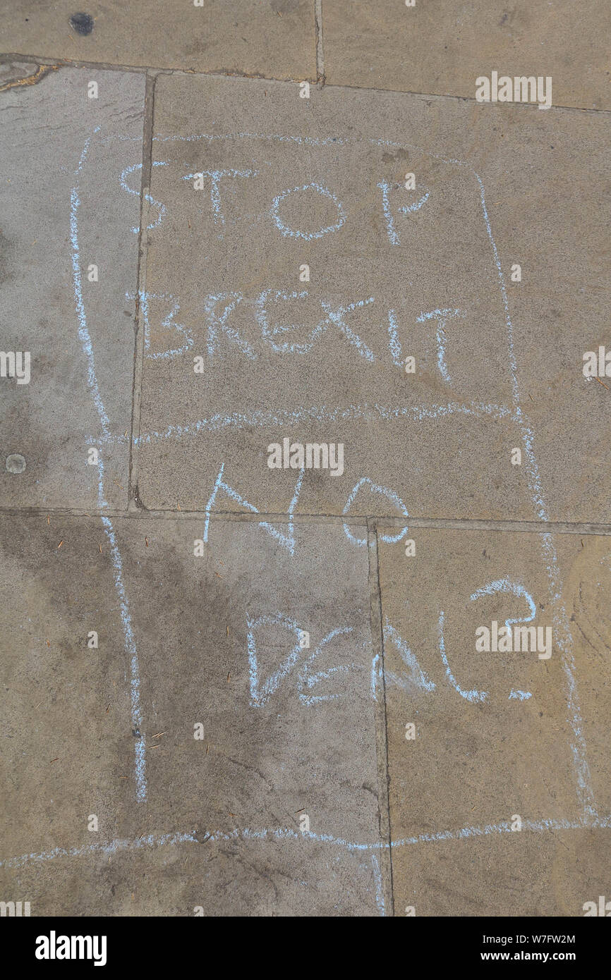 London UK. 5th August 2019.Stop Brexit No Deal written in chalk on the pavement outside the Cabinet Office in Whitehall as the government rules out further talks with the EU promising to leave on 31 October 2019 .Credit : amer ghazzal/Alamy Live News Stock Photo