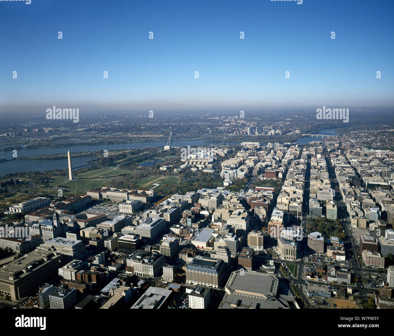 Aerial view of Washington, D.C., featuring the Washington Monument and the distant Lincoln Memorial Stock Photo