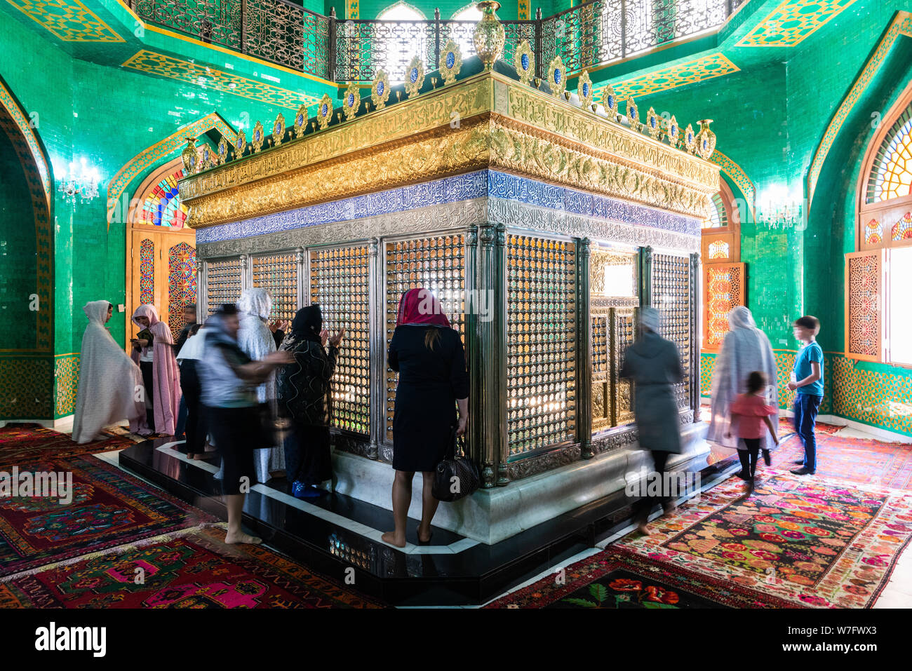 Bibi-Heybat, Baku, Azerbaijan - May 12, 2019. Tomb of Ukeyma Khanum, a descendant of prophet Muhammad, inside the Bibi-Heybat mosque in Baku, with blu Stock Photo