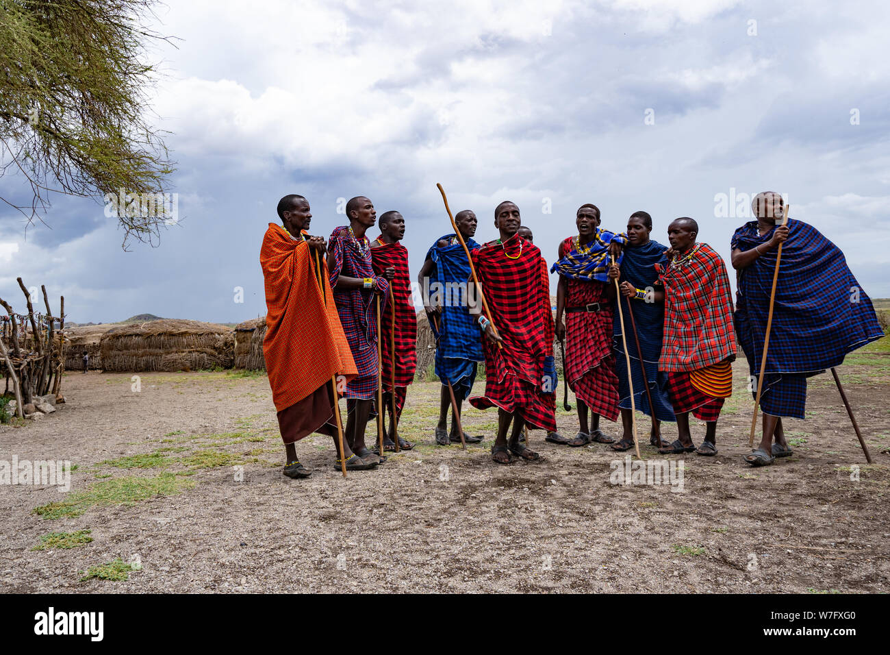 Traditional Masai Jumping Dance at a Masai Village, Tanzania, East Africa Stock Photo