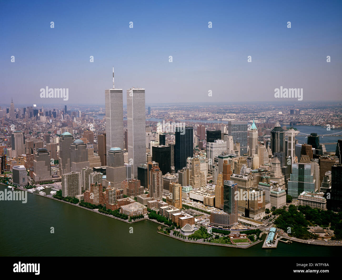 Aerial view of the World Trade Center Twin Towers, and lower Manhattan, New York, New York Stock Photo