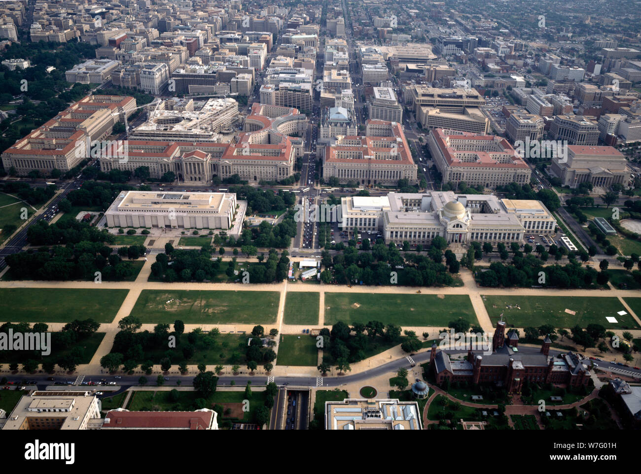 Aerial view with a focus on the red tile roofs of the Federal Triangle ...