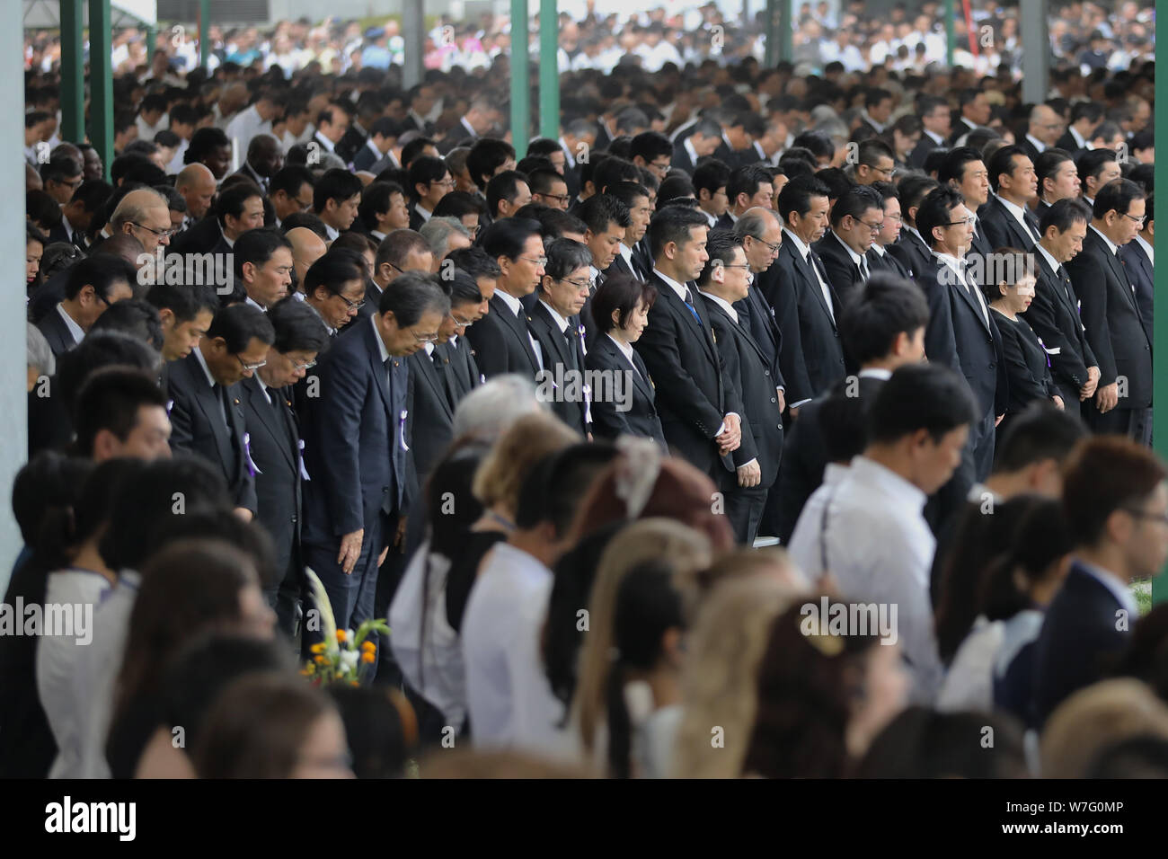 Hiroshima, Japan. 6th Aug, 2019. People attend an annual memorial ceremony in Hiroshima, Japan, Aug. 6, 2019. Hiroshima, a Japanese city hit by a U.S. atomic bomb at the end of World War II, marked the 74th anniversary of the bombing on Tuesday. Credit: Du Xiaoyi/Xinhua/Alamy Live News Stock Photo
