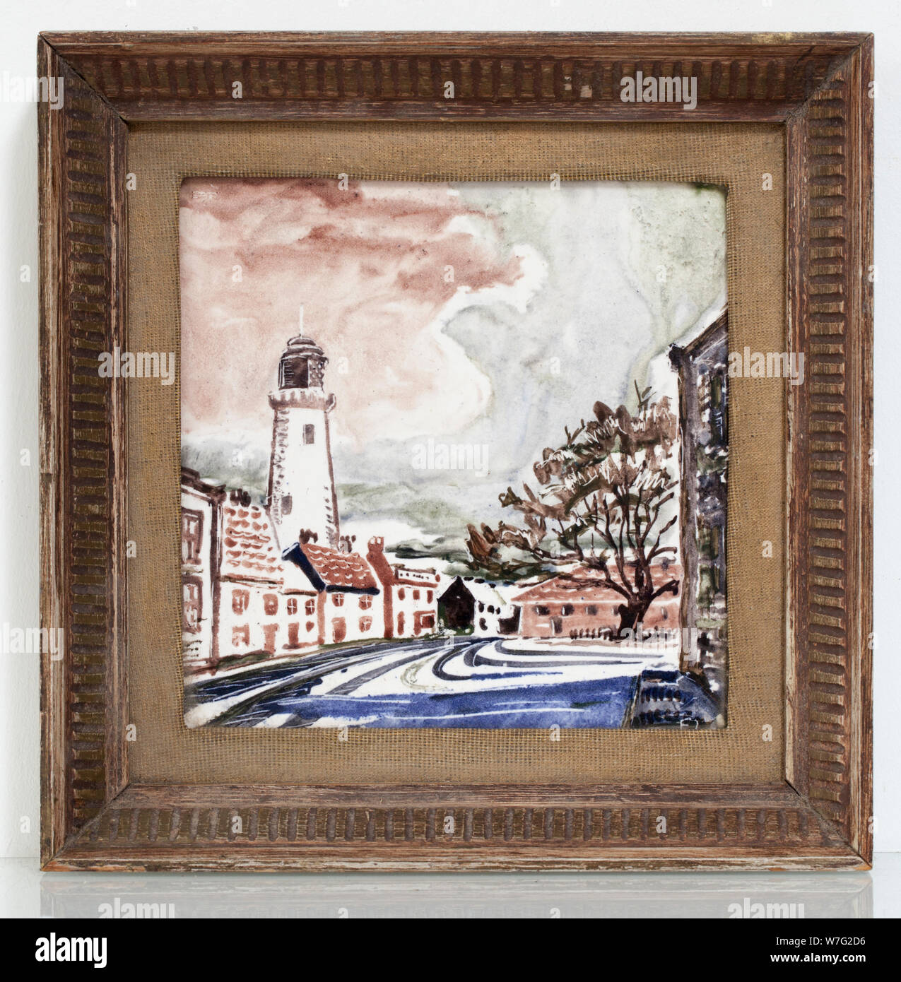 Vintage Hand Painted Ceramic Plaque of the Lighthouse at Southwold Stock Photo