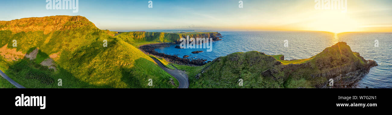 flight Panorama view of Giants causeway coastline on sunset time Northern Ireland Stock Photo