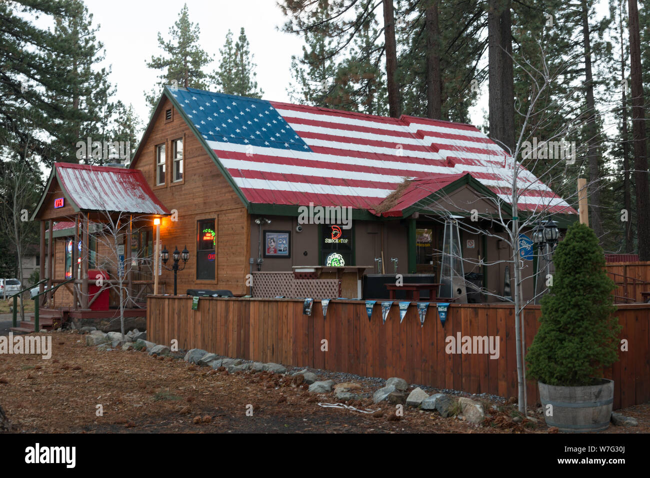American flag on the roof of Brothers Bar and Grill in South Lake Tahoe