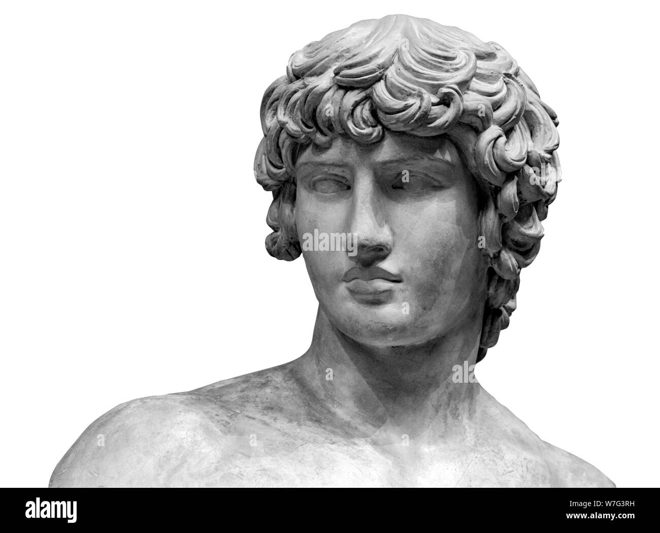 Head and shoulders detail of the ancient sculpture. Isolated on white background. Stock Photo