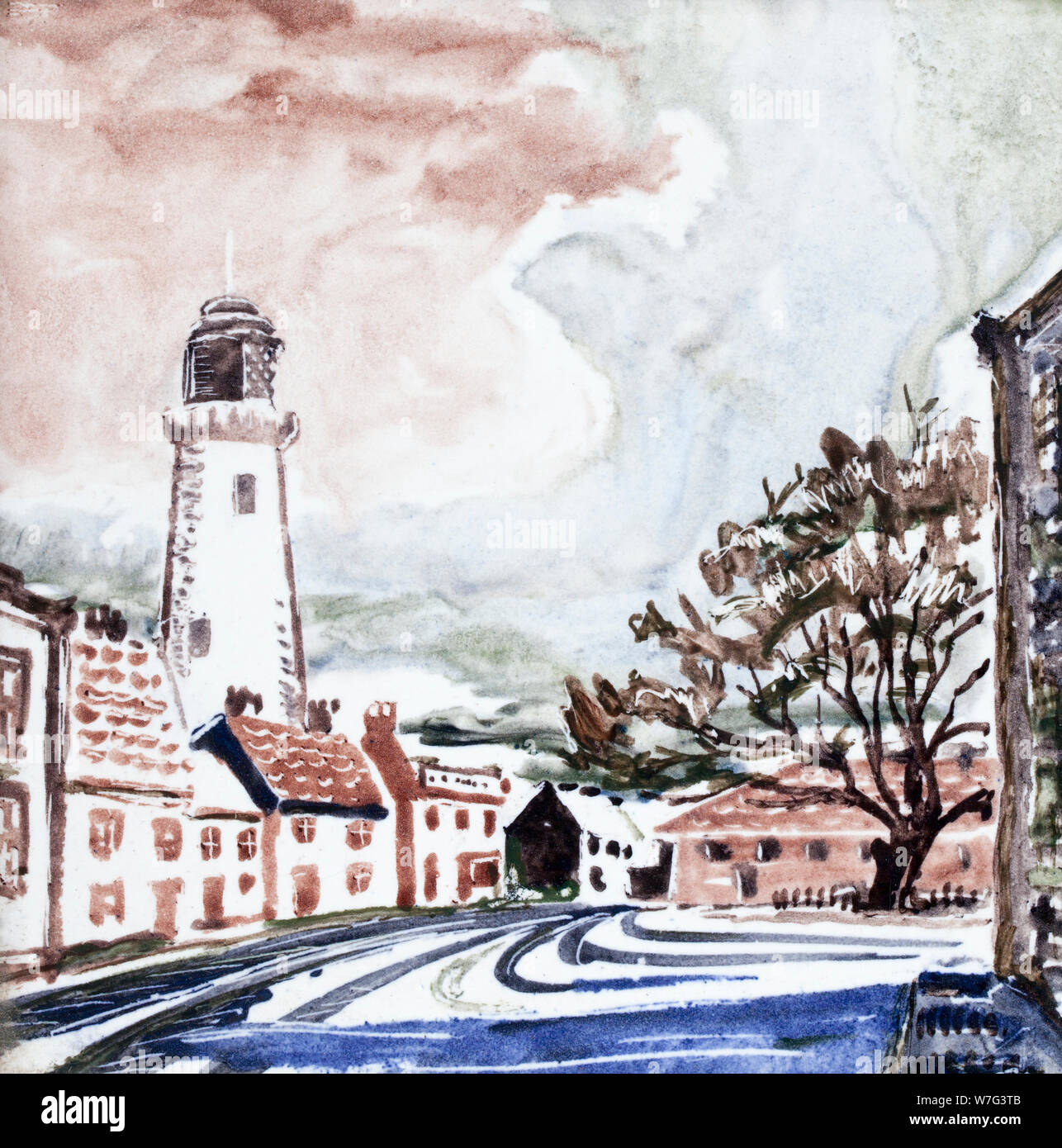 Vintage Hand Painted Ceramic Plaque of the Lighthouse at Southwold Stock Photo