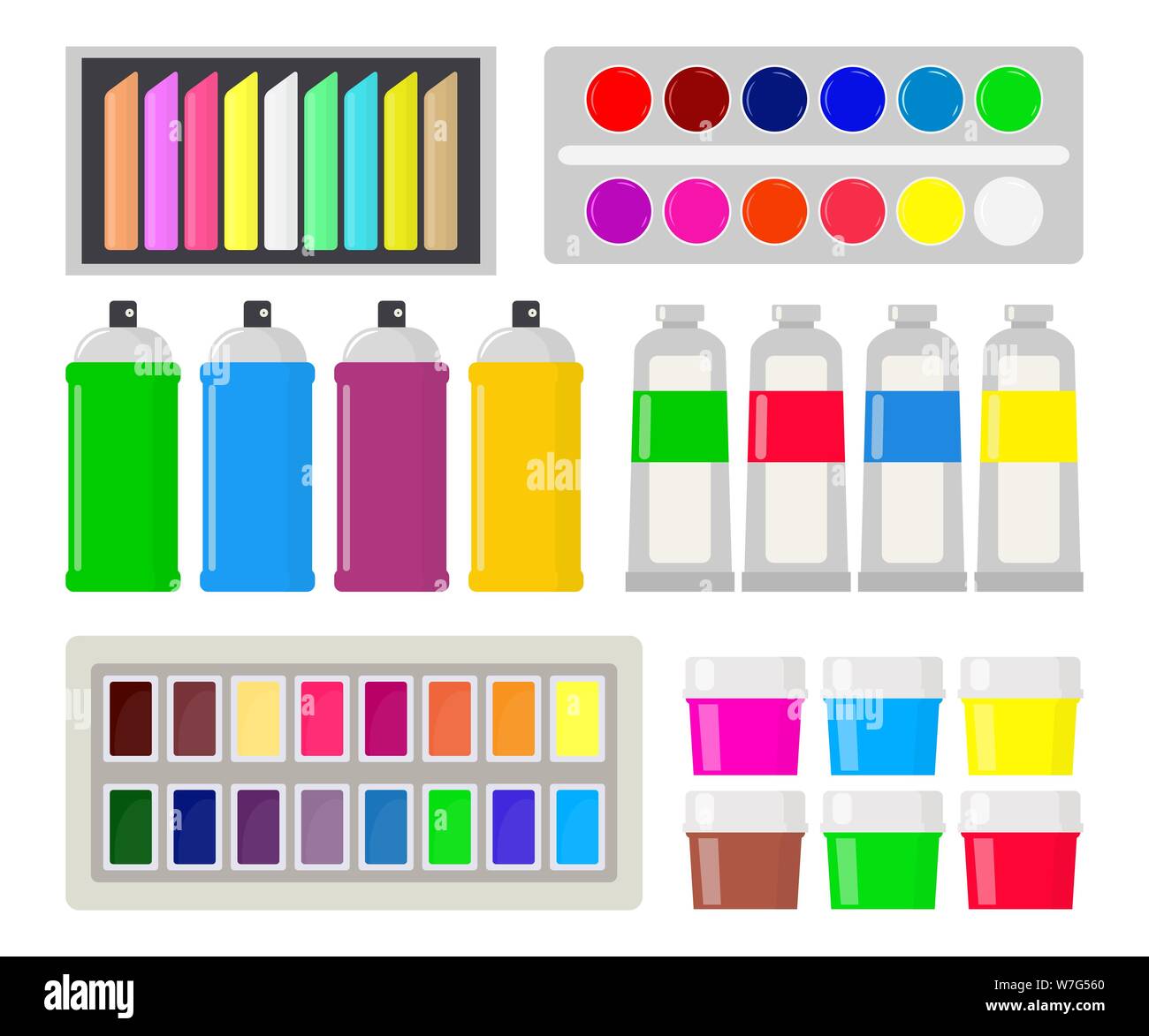 Collection of various types of paint: gouache, watercolor, oil paint, spray paint, chalk, pastel. Art supplies. Drawing creative materials for worksho Stock Vector