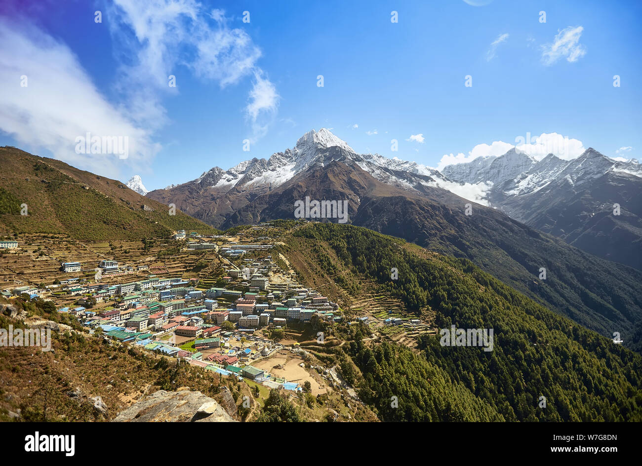 Namche Bazaar aerial view, mount Thamserku, Everest trek, Himalaya, Nepal Stock Photo