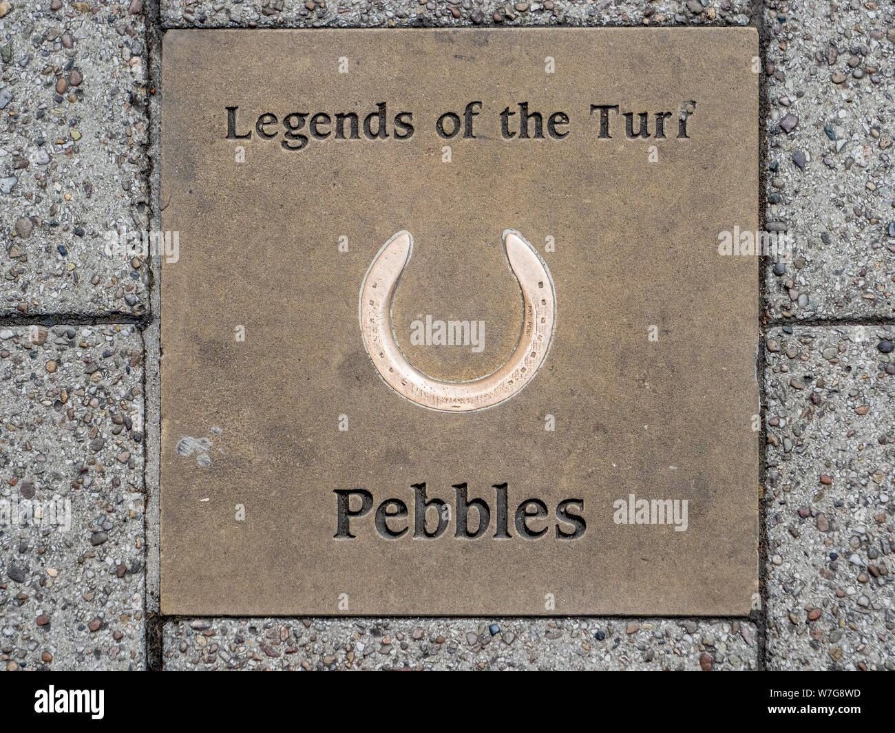 Legends of the Turf Newmarket - Newmarket's 'Walk of Fame' - commemorative paving slabs laid in Newmarket High Street. Pebbles, racehorse. Stock Photo
