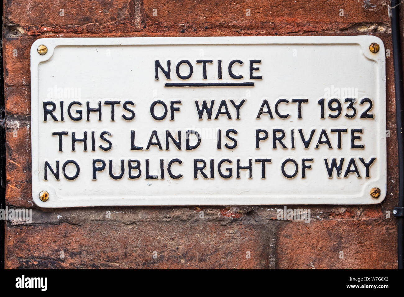 Rights of Way Notice Sign  - Rights of Way Act 1932 This Land is Private No Public Right of Way Stock Photo