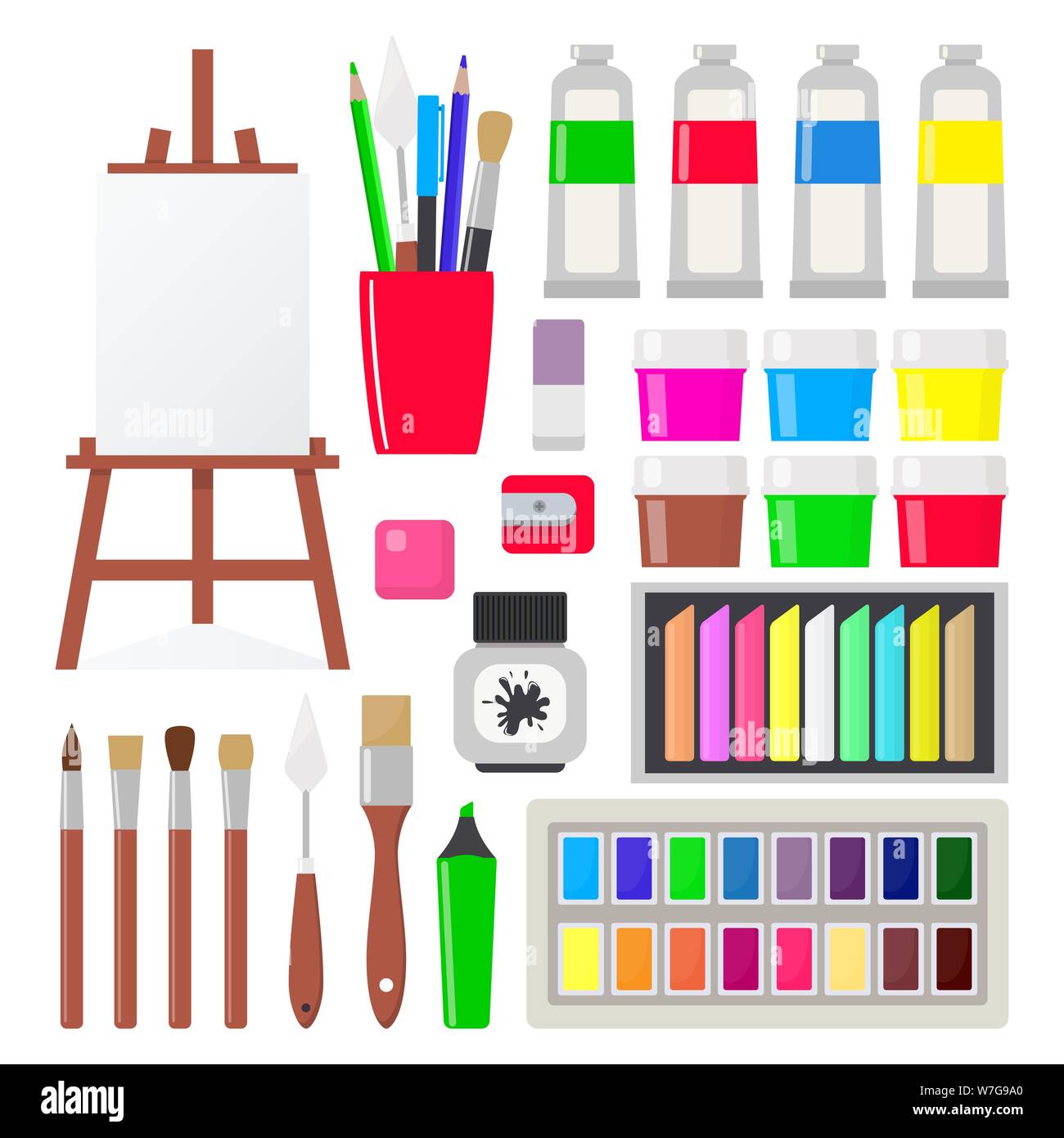 https://c8.alamy.com/comp/W7G9A0/painting-tools-elements-in-flat-style-set-art-supplies-easel-with-canvas-paint-tubes-brushes-pencil-gouache-watercolor-oil-paints-crayons-pas-W7G9A0.jpg