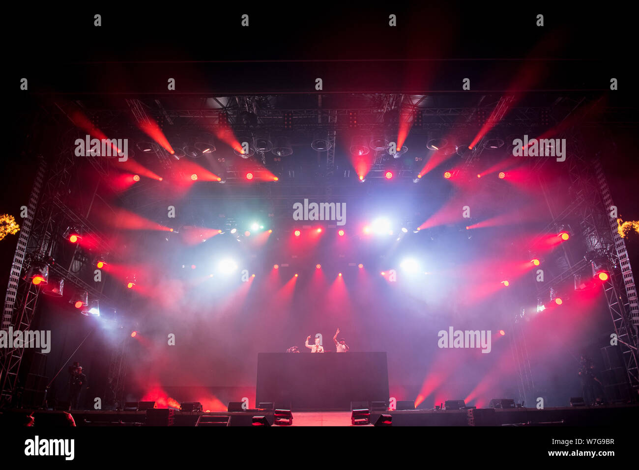 BONTIDA, ROMANIA - JULY 19, 2019: British drum and bass DJ band Sigma mixing live on the stage during a concert at Electric Castle festival Stock Photo