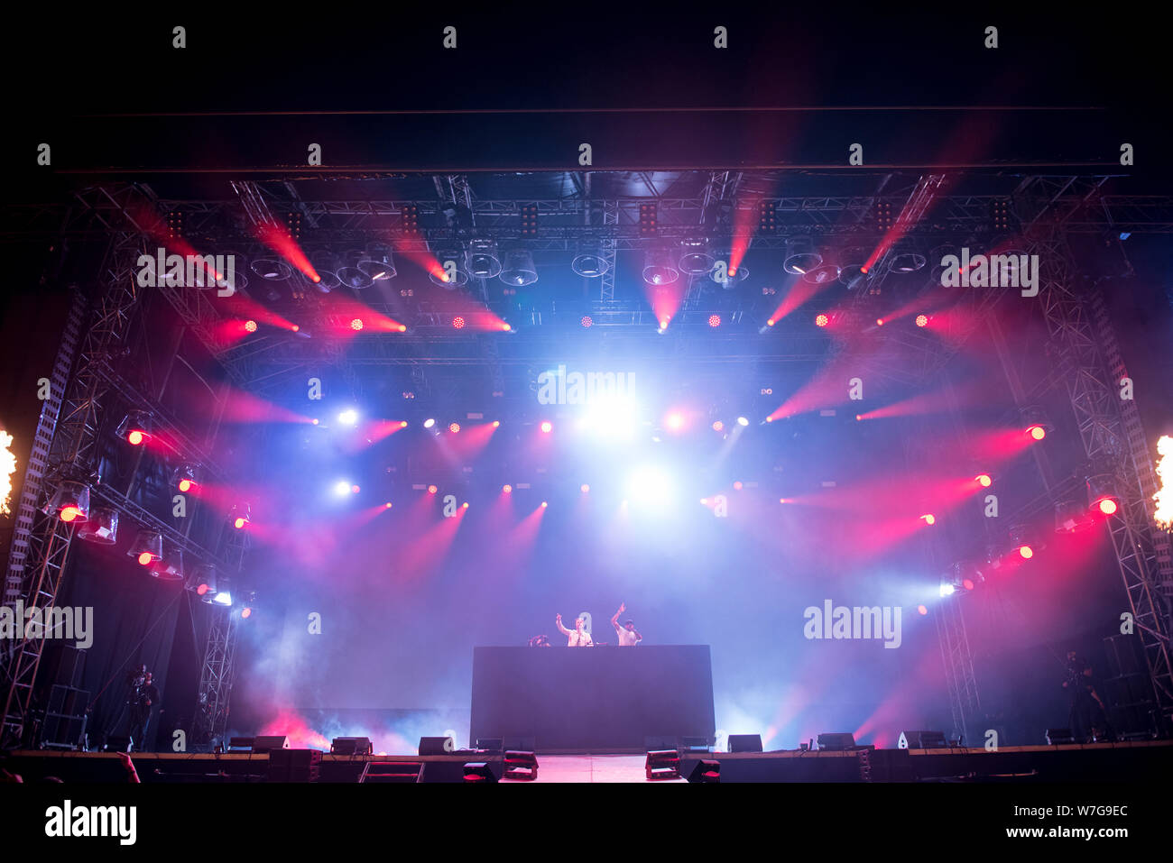 BONTIDA, ROMANIA - JULY 19, 2019: British drum and bass DJ band Sigma mixing live on the stage during a concert at Electric Castle festival Stock Photo