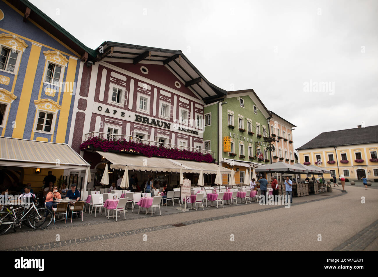The Cafe Braun and other restaurants line the Marktplatz in the town of Mondsee, Austria. Stock Photo