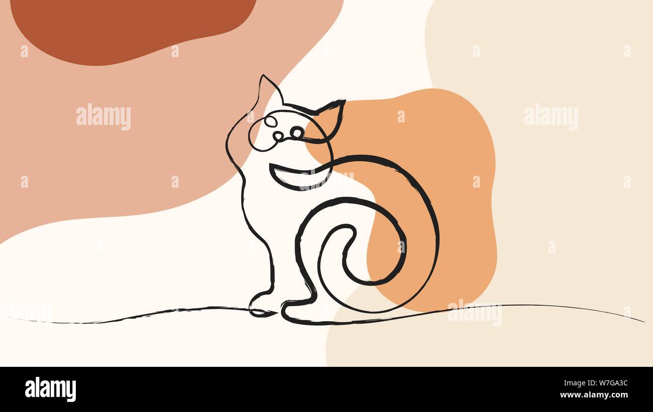 Continuous one line drawing with color spots. Cat sitting with curled ...