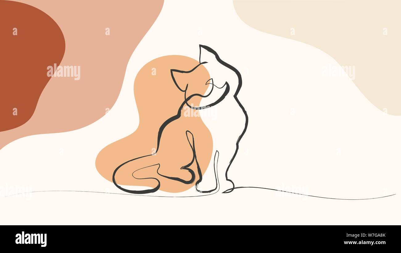 Continuous one line drawing with color spots. Cat sitting with curled ...
