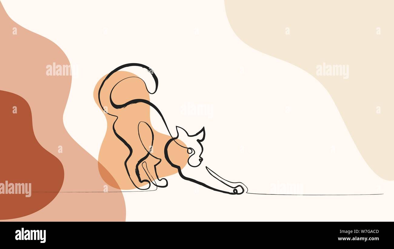 Continuous one line drawing with color spots. Cat standing with curled ...
