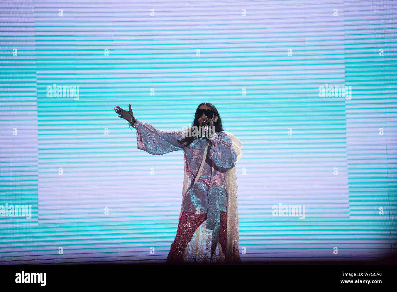 BONTIDA, ROMANIA - JULY 21, 2019: Lead vocalist Jared Leto from Thirty Seconds to Mars rock band performing live at Electric Castle festival Stock Photo