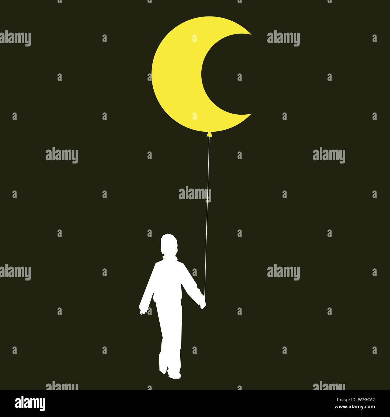 Vector illustration. Boy silhouette with a moon balloon. Stock Vector