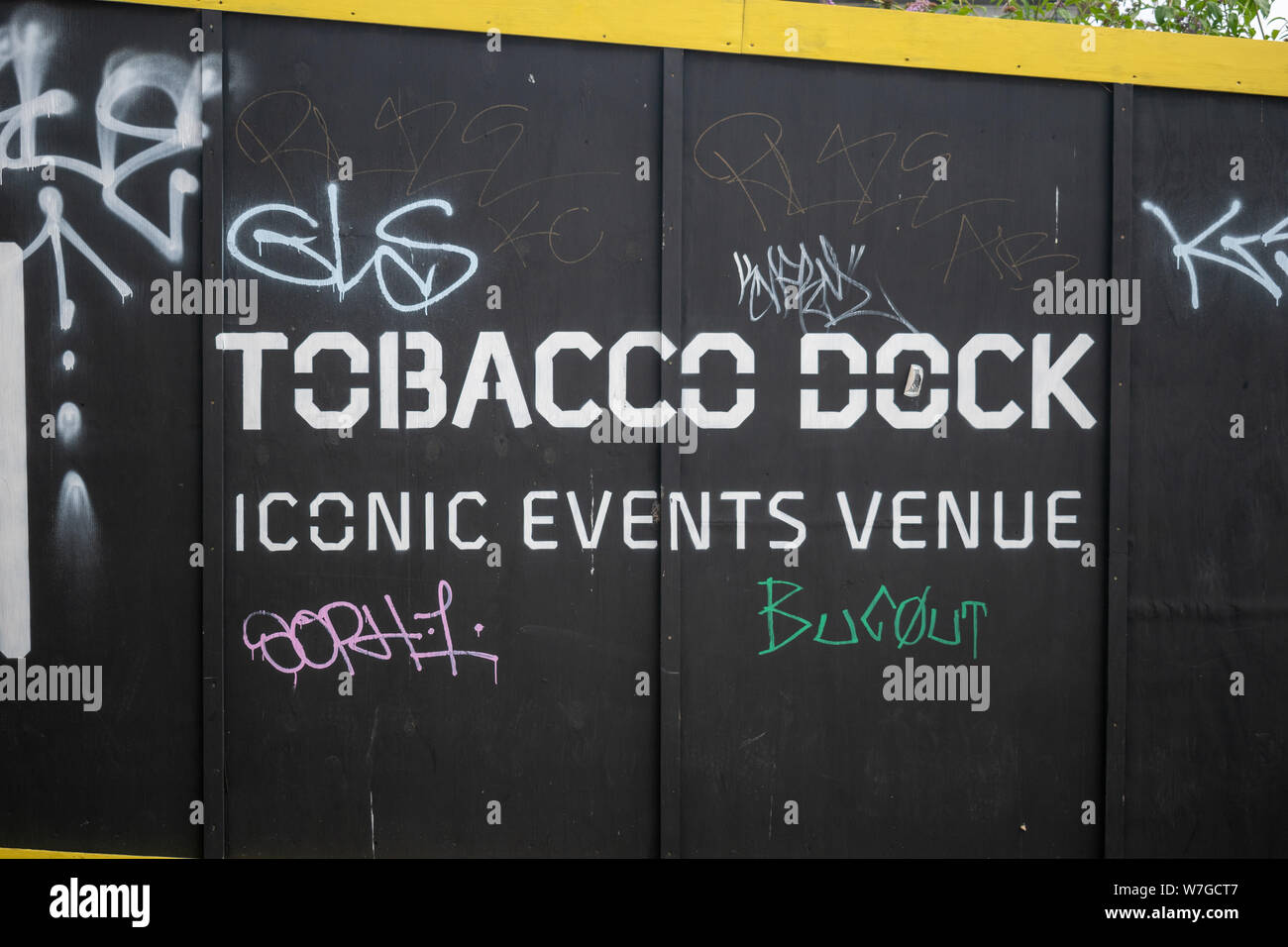 Tabacco Dock Wall with grafitti Stock Photo